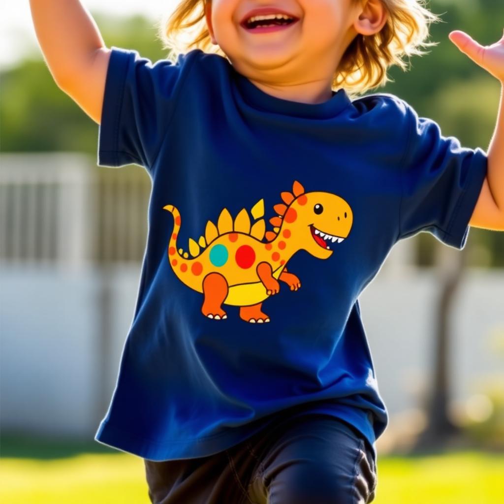 Kid wearing a tee with their dinosaur design