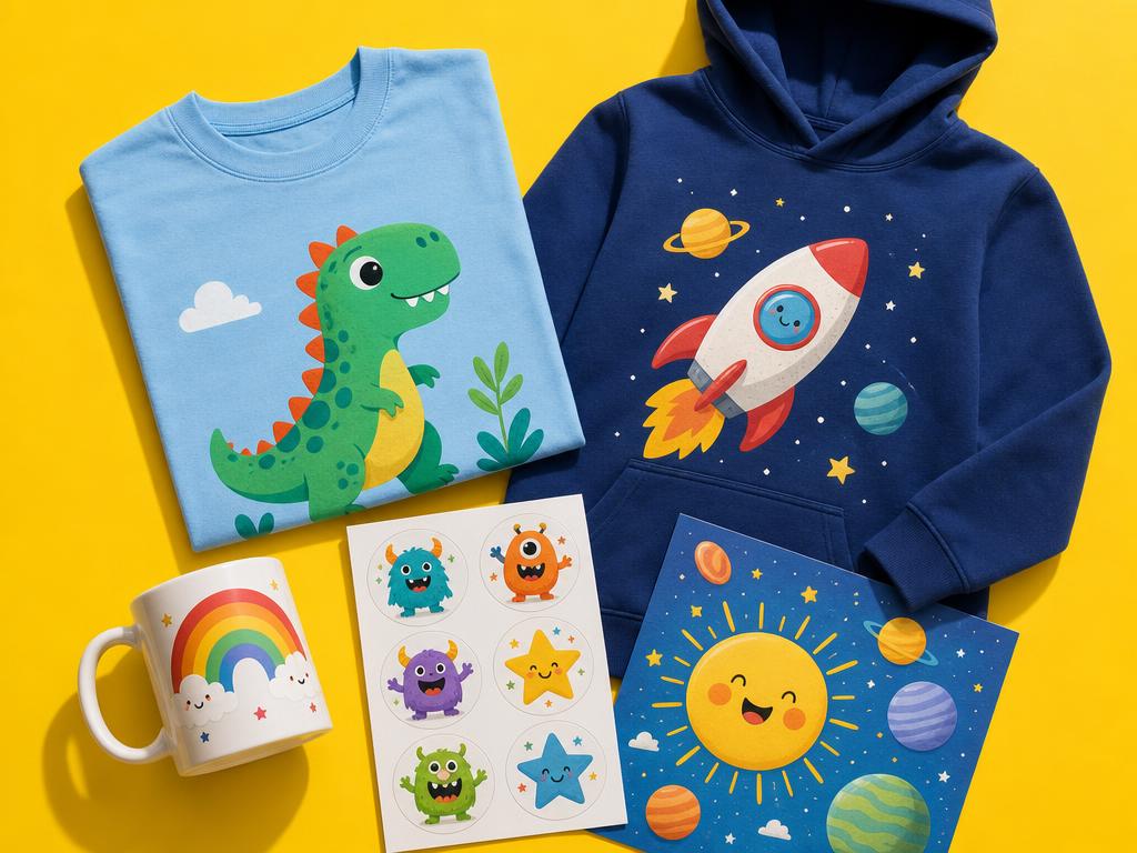 Flat lay of a t-shirt, hoodie, mug, poster and stickers